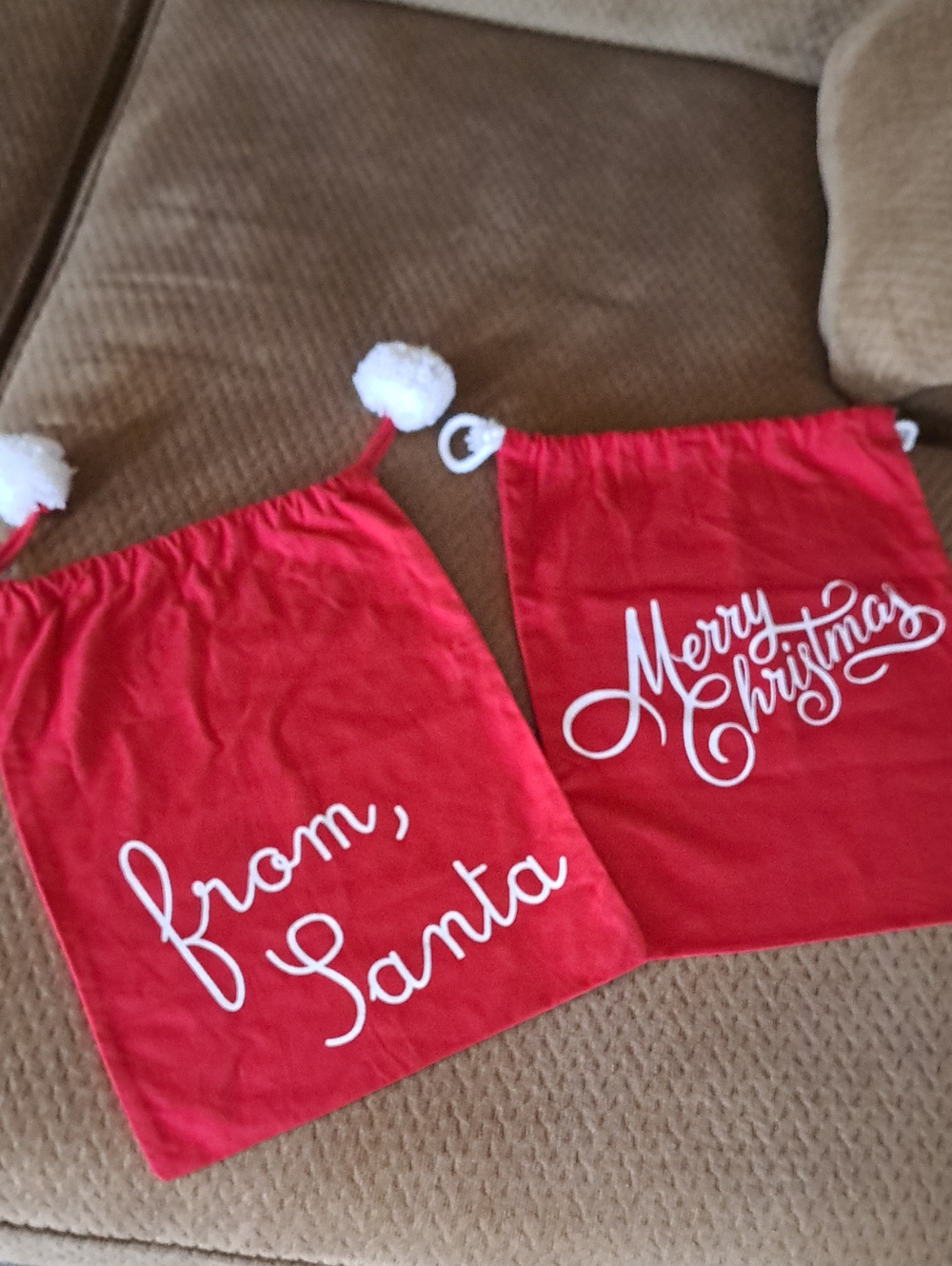 Red 'From Santa' & 'Merry Christmas' Cotton Fabric Holiday Gift Sacks 14" X 17"